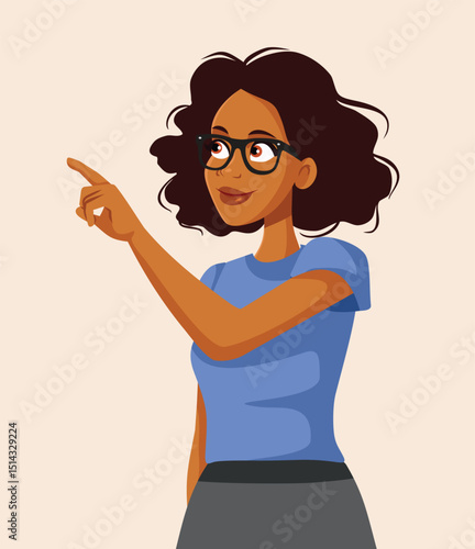 Woman with Forefinger Pointing Away Vector Cartoon Illustration. Teacher pinpointing to the side indicating with her finger
