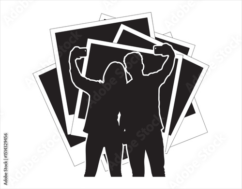 A vector silhouette drawing of a couple lifting their colorful cell phone to snap photos or selfies of themselves. The backdrop features multiple layers of photograph outlines.

