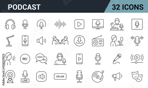 Podcast Line Editable Icons Set. Includes Microphones, Headphones, Sound Waves, Recording, Streaming, Radio, Interview Scenes, and More. Vector Illustration.