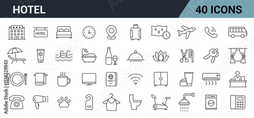 Hotel Line Editable Icons Set. Includes Bed, Room Key, Reception, Spa, Pool, Luggage, WiFi, Air Conditioning, and more. Vector Illustration.