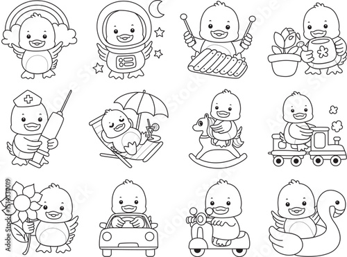 Coloring book of Cute Duck icon. Outline of  Funny baby Duck animal series stock illustration. life of fluffy Duck designs.