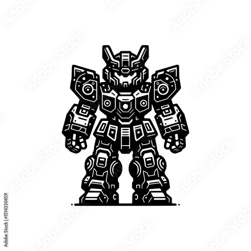 Mech Robot Vector Illustration in Black and White Style Powerful Futuristic Battle Machine with Armor and Mechanical Details