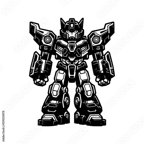 Mech Robot Vector Illustration in Black and White Style Powerful Futuristic Battle Machine with Armor and Mechanical Details