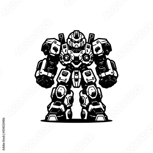 Mech Robot Vector Illustration in Black and White Style Powerful Futuristic Battle Machine with Armor and Mechanical Details
