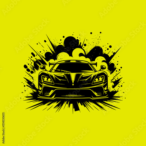 Front View Sports Car Vector Illustration in Black on Yellow Background with Speed Burst Effect and Racing Graphic Style