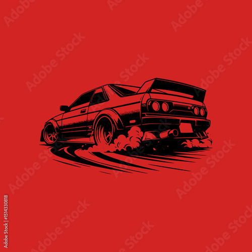 Rear View Drift Car Vector Illustration in Black on Red Background with Tire Smoke and Speed Motion for Street Racing Theme