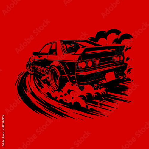 Rear View Drift Car Vector Illustration in Black on Red Background with Tire Smoke and Speed Motion for Street Racing Theme