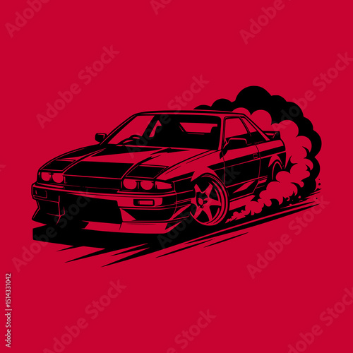 Drifting Sports Car Vector Illustration in Black on Red Background with Smoke Speed and Motion Lines in Dynamic Racing Style