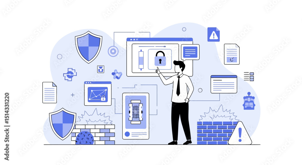 Illustration of network security measures and data protection against cyber threats Illustration of network security measures and data protection against cyber threats