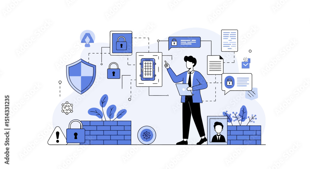 Illustration of cybersecurity concepts with digital locks shield firewall and data protection elements Illustration of cybersecurity concepts with digital locks shield firewall and data protection elements