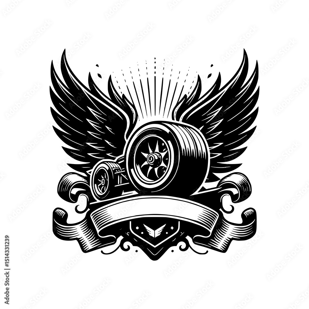 Obraz premium Winged Tire Emblem Vector Illustration with Banner and Stars in Black and White Style Perfect for Racing or Motorcycle Club Logo
