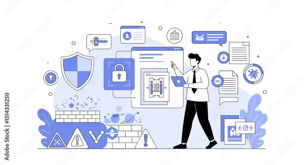 Illustration of cybersecurity concepts with a person managing digital protection tools and online security settings Illustration of cybersecurity concepts with a person managing digital protection tools and online security settings