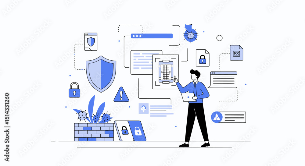 Illustration showing cybersecurity concepts with virus protection firewall and data security measures in digital environment Illustration showing cybersecurity concepts with virus protection firewall and data security measures in digital environment