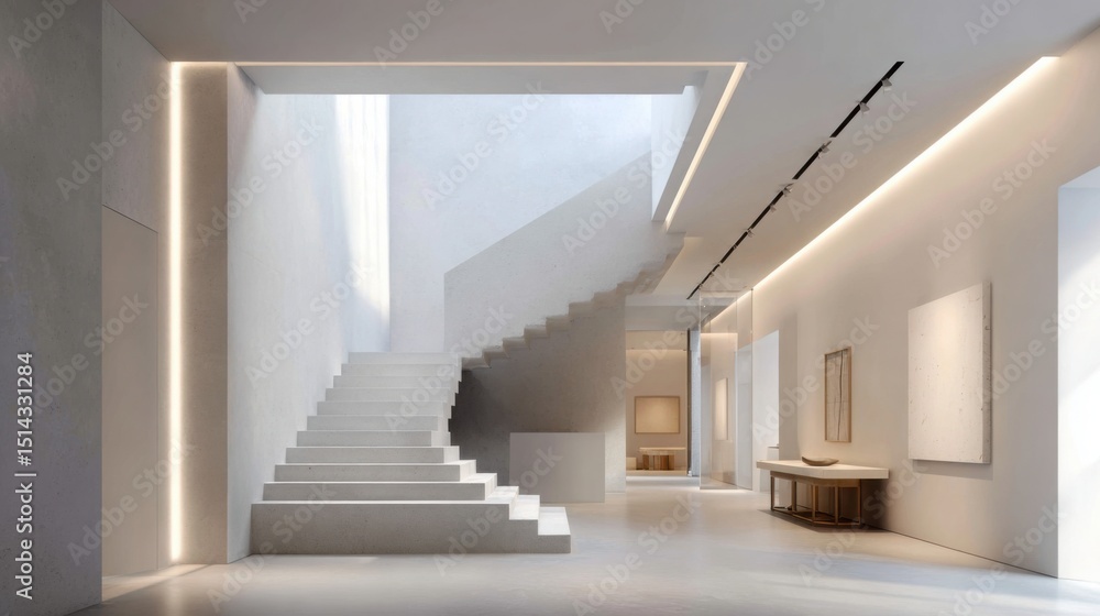 Fototapeta premium minimalist interior, sculptural staircase, smooth walls, indirect lighting, subtle textures, art gallery atmosphere, calm and elegant design