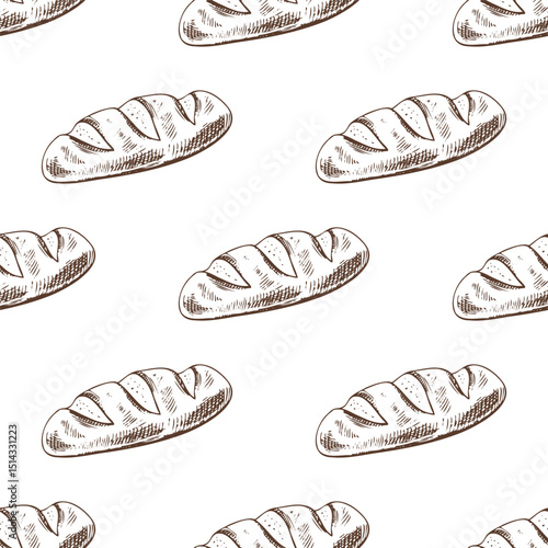 Hand drawn vintage seamless pattern of french baguette bread in engraving sketch style in brown monochrome ink