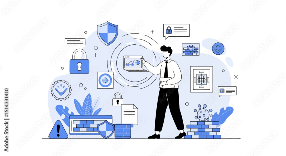 Illustration of cybersecurity concepts with a person interacting with digital security icons and data protection elements Illustration of cybersecurity concepts with a person interacting with digital security icons and data protection elements
