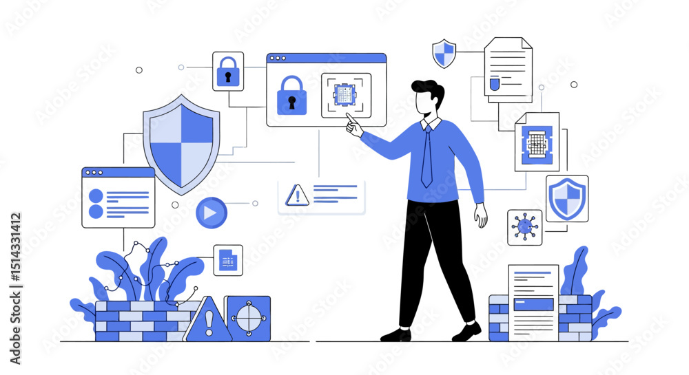 Illustration of a man managing digital cybersecurity and data protection systems and icons Illustration of a man managing digital cybersecurity and data protection systems and icons