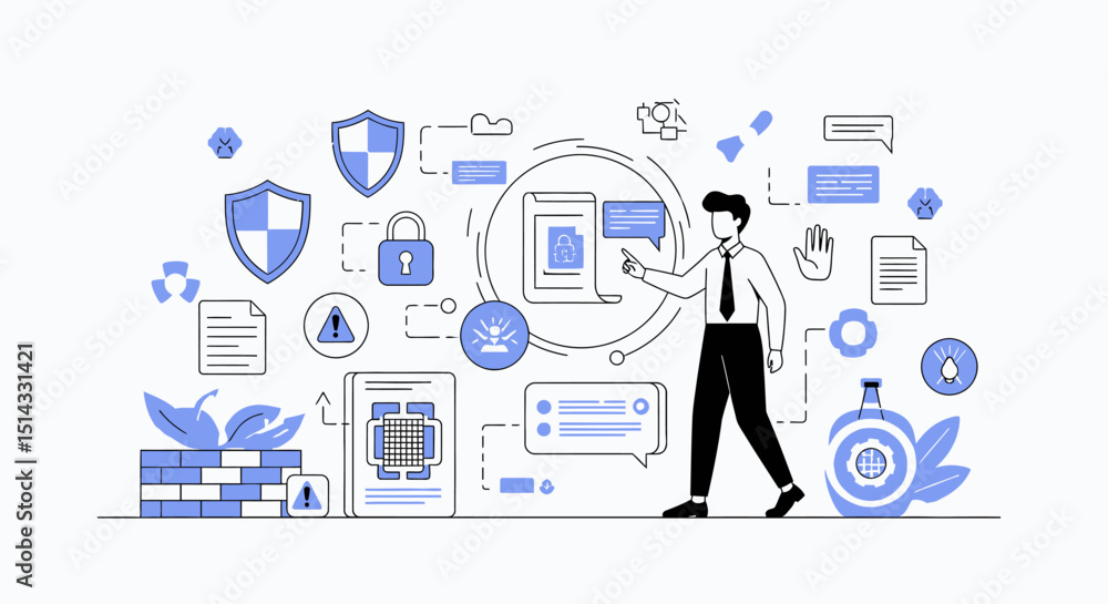 Illustration of a person interacting with various digital security and data protection icons in a networked environment Illustration of a person interacting with various digital security and data protection icons in a networked environment