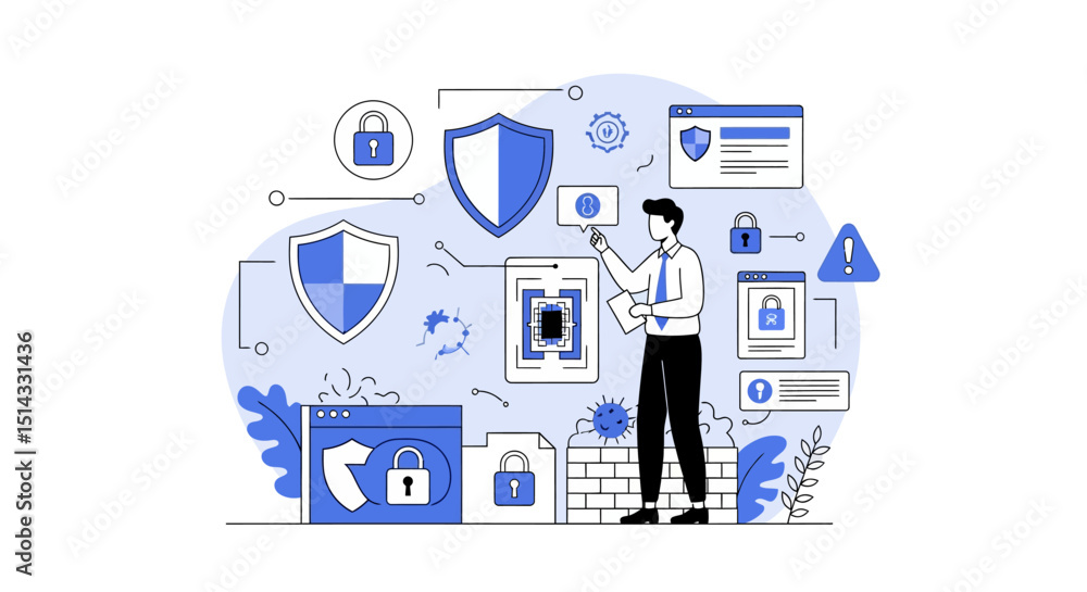 Illustration of cybersecurity concept with man analyzing digital security and protection icons Illustration of cybersecurity concept with man analyzing digital security and protection icons