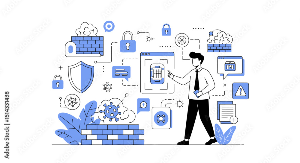 Illustration of cybersecurity concepts with digital protection and data security icons around a person using technology Illustration of cybersecurity concepts with digital protection and data security icons around a person using technology