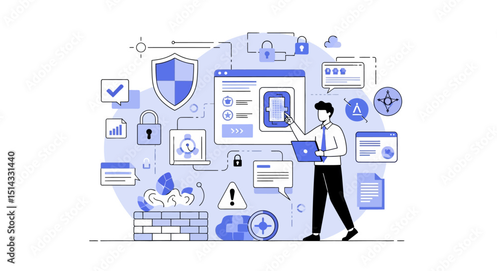 Conceptual illustration of cybersecurity and data protection with digital security icons and a person working on laptop Conceptual illustration of cybersecurity and data protection with digital security icons and a person working on laptop