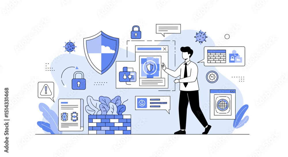 Conceptual illustration of cybersecurity and internet data protection with firewall and encryption icons Conceptual illustration of cybersecurity and internet data protection with firewall and encryption icons
