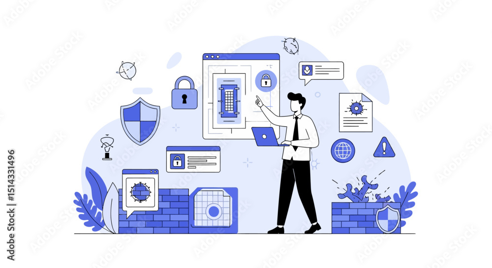 Digital cybersecurity concept illustrating protection against online threats and hacking attacks with a professional using laptop Digital cybersecurity concept illustrating protection against online threats and hacking attacks with a professional using laptop