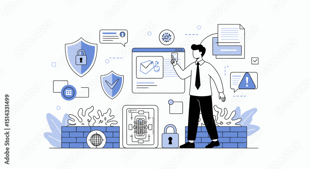 Man interacting with digital security icons to ensure data protection and privacy online Man interacting with digital security icons to ensure data protection and privacy online