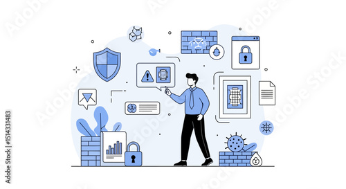 Illustration of cybersecurity concepts with a person interacting with security elements in a digital environment