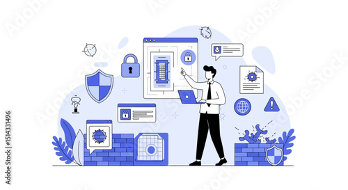 Digital cybersecurity concept illustrating protection against online threats and hacking attacks with a professional using laptop