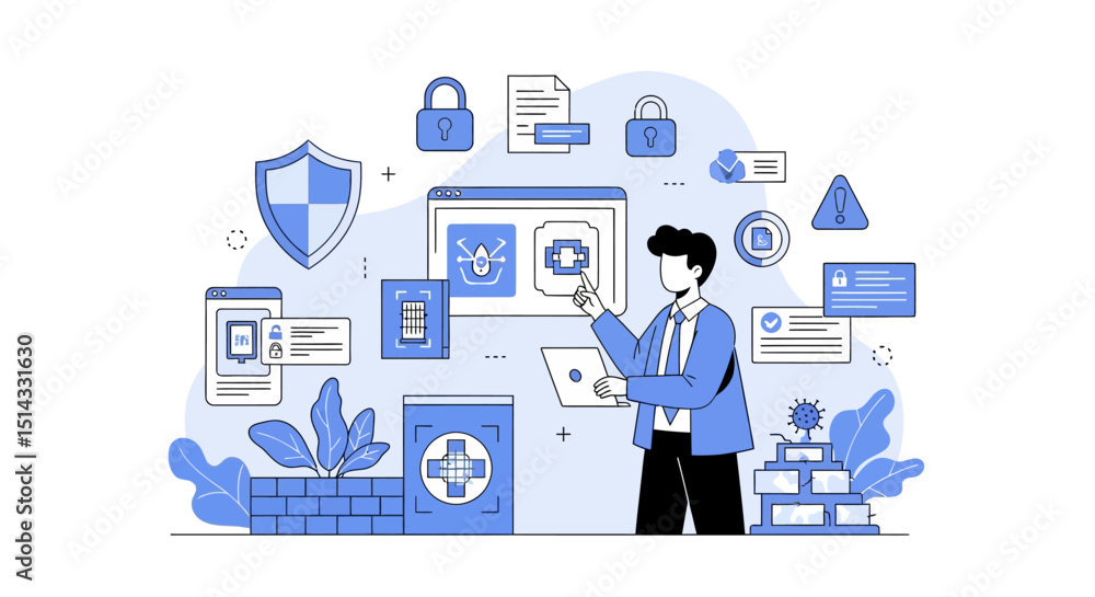 Illustration of cybersecurity and data protection concepts with digital devices and a professional figure Illustration of cybersecurity and data protection concepts with digital devices and a professional figure