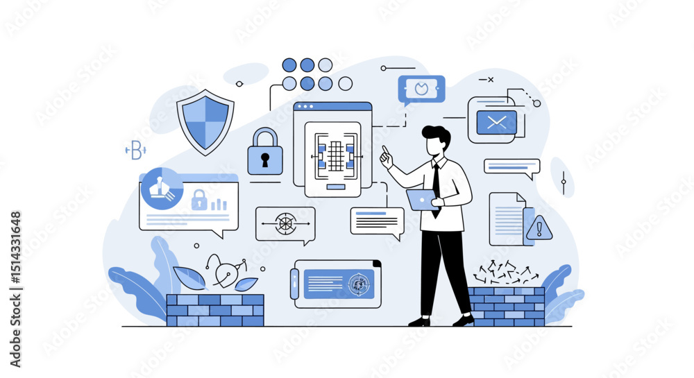 Illustration of a person managing cybersecurity and digital data protection systems using modern technology tools Illustration of a person managing cybersecurity and digital data protection systems using modern technology tools