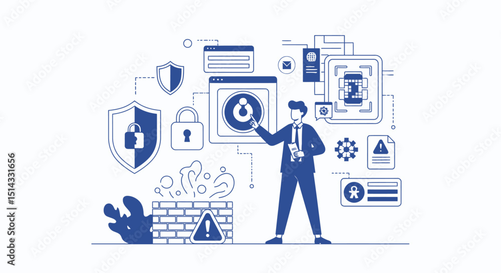 Businessman interacting with cybersecurity and data protection digital interface icons Businessman interacting with cybersecurity and data protection digital interface icons