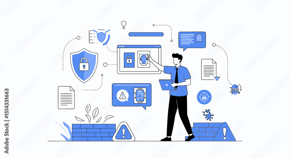 Illustration of cybersecurity concepts with a person managing data protection using laptops and digital shields Illustration of cybersecurity concepts with a person managing data protection using laptops and digital shields