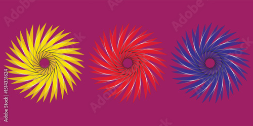 Green, pink and yellow metal circle frames 3d vector realistic illustration. First, second and third place medals or buttons isolated on white background. Certified. Quality blank, empty badge set.