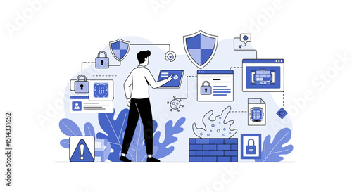 Illustration of a person managing comprehensive cybersecurity and data protection systems with various security icons and digital shields