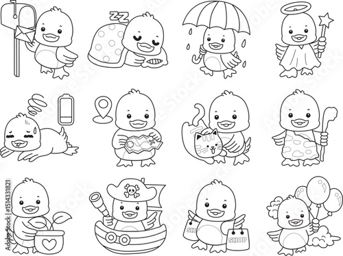 Coloring book of Cute Duck icon. Outline of  Funny baby Duck animal series stock illustration. life of fluffy Duck designs.