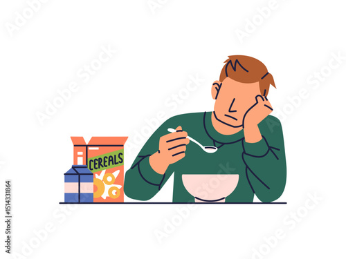 Guy with no appetite flat illustration. Depressed Caucasian guy sitting at table with leaning head on her hand looking at cereal's meal with sadness in his facial expression having lost appetite