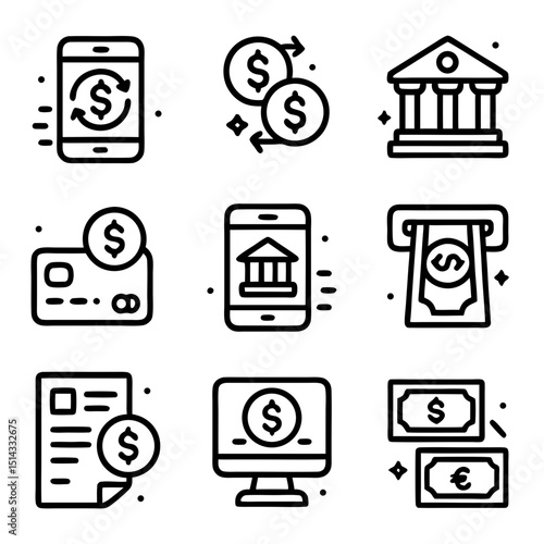 Bank transaction icons show financial activities in black and white. Perfect for websites, apps, and presentations related to finance and banking.
