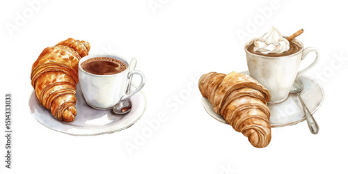 hot chocolate and croissant watercolor vector illustration
