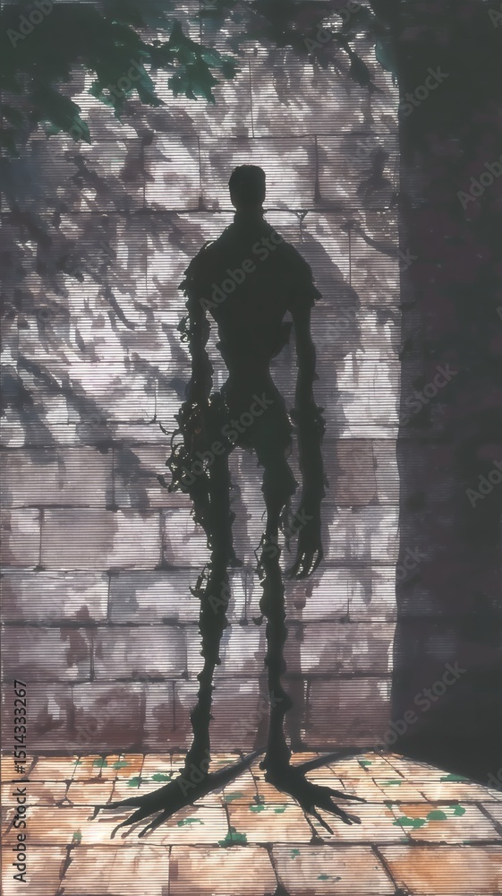 Obraz premium Una figura alta y esquelética emerge de una pared cubierta de enredaderas, proyectando una sombra amenazante sobre un patio empedrado.