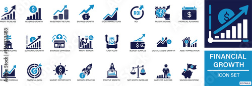 flat financial growth icon set featuring profit, savings, graph, chart, profit, investment, revenue, roi, analytics, and economic progress symbols for business design.