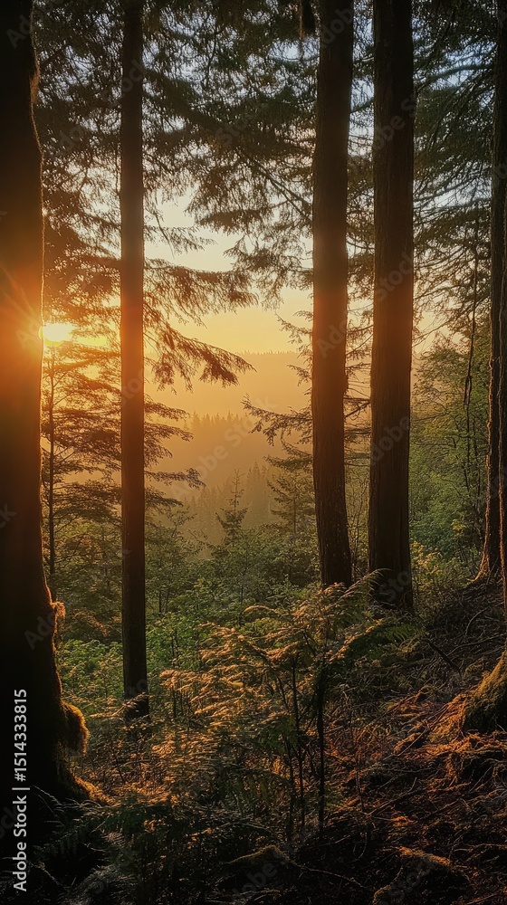 Obraz premium Golden sunset through a forest canopy at the edge of a woods.