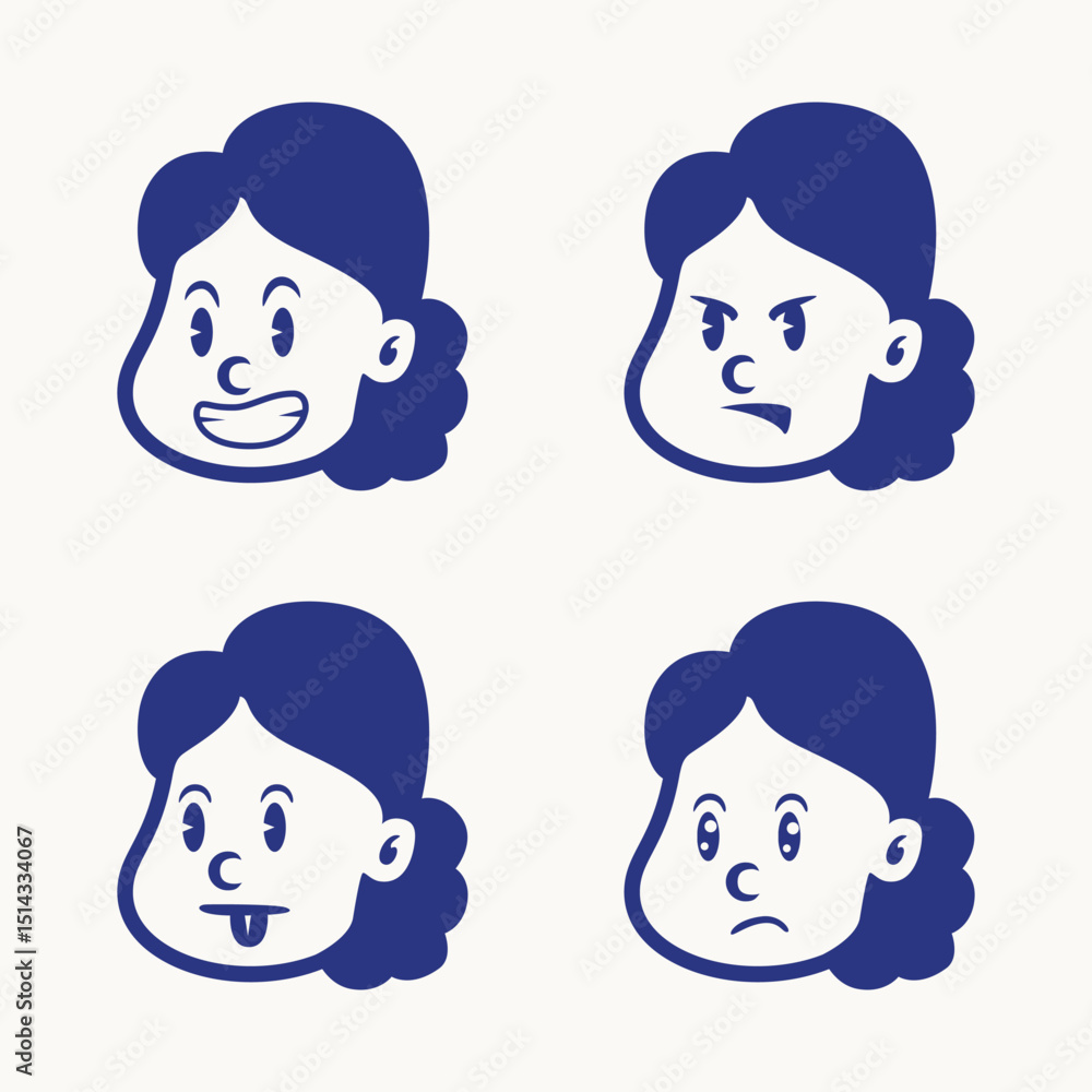 Cartoon vector of a little girl showing four expressions: happy, excited, talking, and sad. Ideal for educational tools, UI stickers, children’s books, or emotional expression packs Cartoon vector of a little girl showing four expressions: happy, excited, talking, and sad. Ideal for educational tools, UI stickers, children’s books, or emotional expression packs