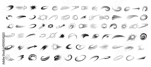 Comic speed lines, motion lines, dynamic effect, manga action elements, swoosh, burst, swirl, impact stroke, motion streaks, anime style, expressive sketch curve vector