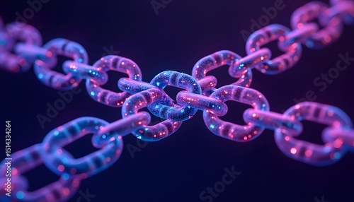 Intertwined chains, glowing with vibrant pink and blue light, form a complex network, suggesting connection, security, or a technological process.