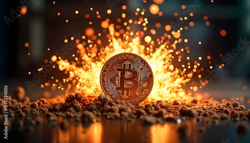 A Bitcoin, the core of a digital revolution, it emerges from a fiery, explosive display, symbolizing the rise of cryptocurrency.