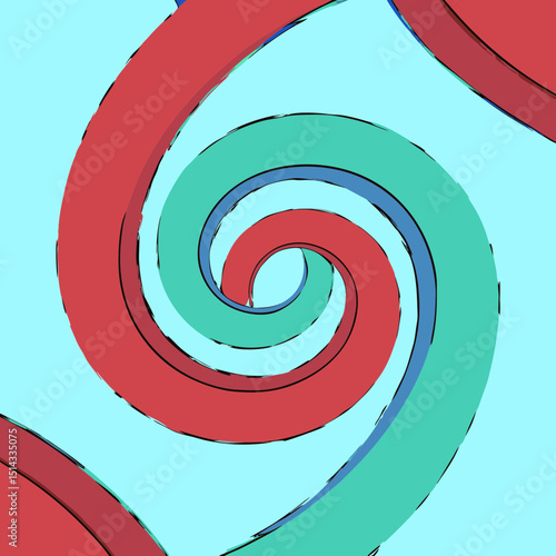 Abstract swirls of red and green on a light blue field