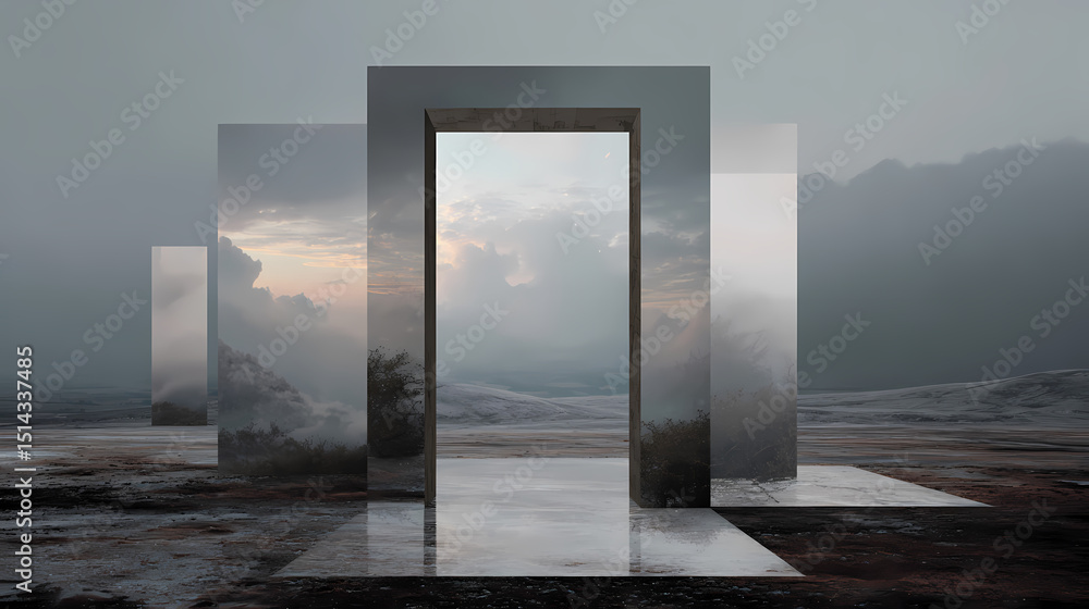 Naklejka premium poster for conceptual film | symbolic presence | symbolic tension | overcast neutrals | frame within frame | closed curtains in open skies | flat depth paradox | juxtaposition illusion | quiet