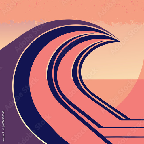 Stylized wave illustration against a sunset backdrop